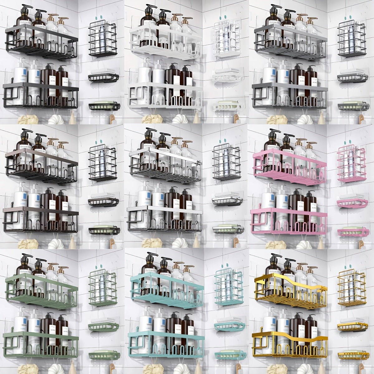 Shower Caddy Organizer 5 Pack Adhesive Rustproof Stainless Steel Shower Shelves with Soap Holder No Drilling Bathroom Storage Rack for Shower Wall Renters Apartment Kitchen Multiple Colors