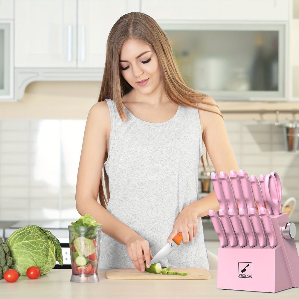 Knife Block Set 14 Piece Pink ¨C Japanese Stainless Steel Kitchen Knife Set with Built-in Sharpener, Non-Slip Ergonomic Handles, Dishwasher Safe, Perfect Holiday & Housewarming Gift for Women
