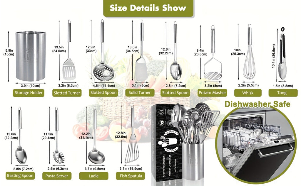 Stainless Steel Kitchen Utensils Set 12 Piece with Holder ¨C Heat Resistant Cooking Utensils, Spatula, Ladle, Tongs, Whisk, Skimmer, Potato Masher, Slotted Spoon