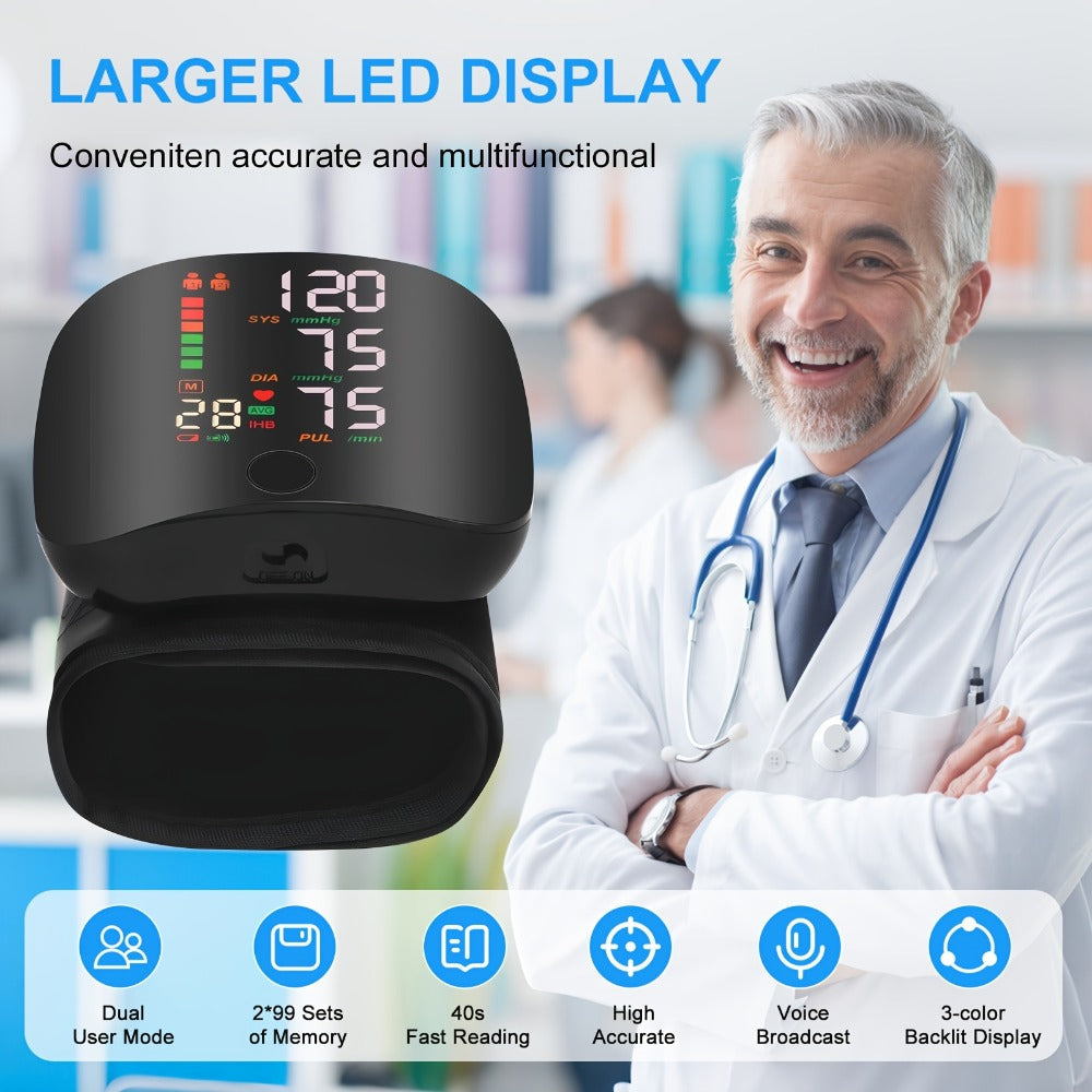 Wrist Blood Pressure Monitor with LCD Screen, Arrhythmia Alarm & Voice Playback ¨C Adjustable Cuff, USB Charging, Gift for Family