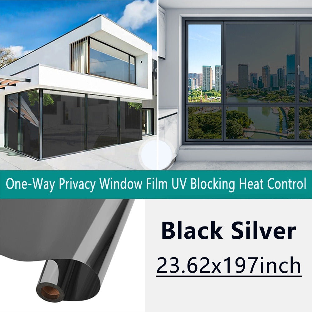 One Way Privacy Window Film Static Cling No Glue - Heat Control Anti-Glare Sun Blocking Reflective Mirror Tint for Home Office Hotel, Nano Ceramic 5Mil PVC, Easy Install Removable Window Privacy Film