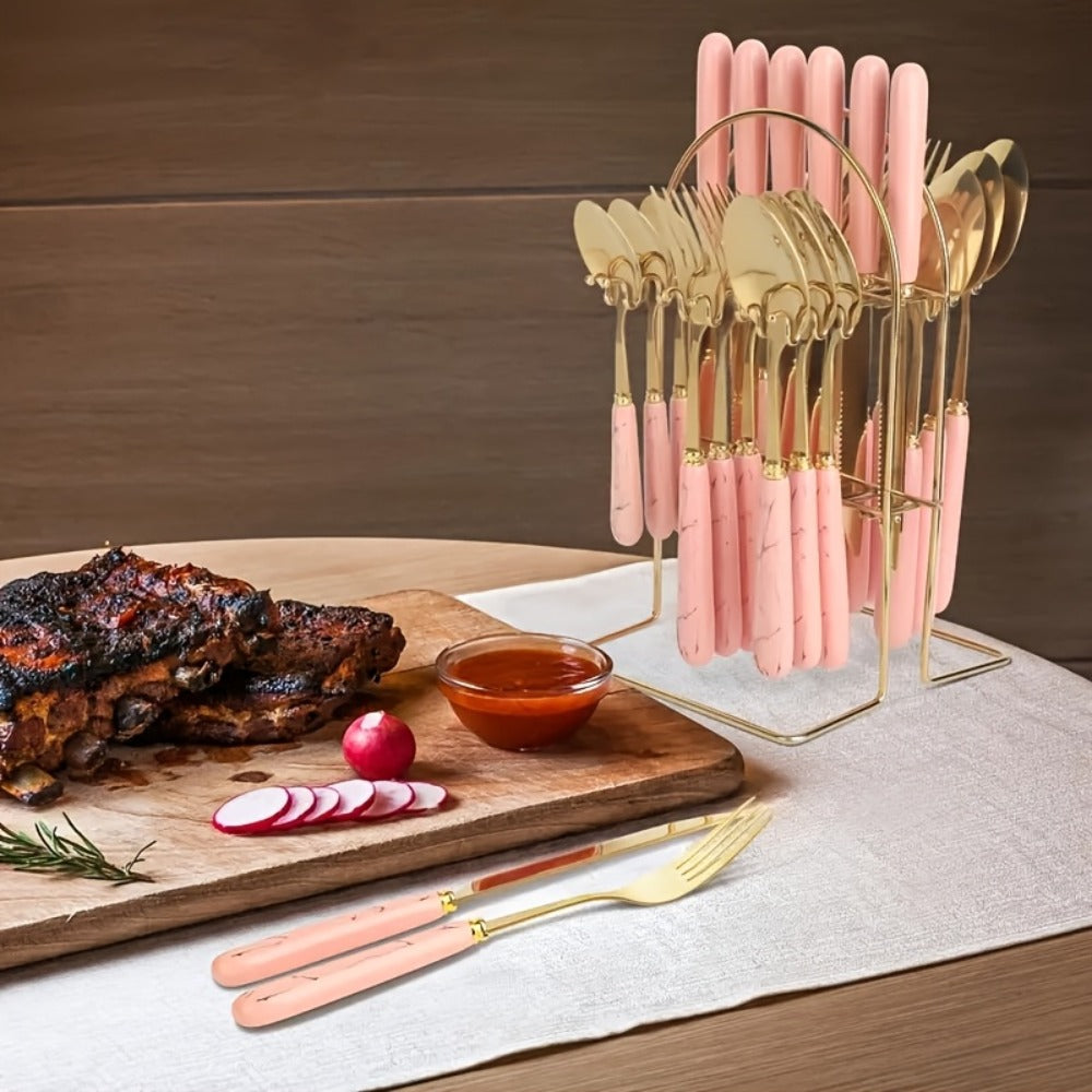Marble Pattern Cutlery Set 24pcs - Dinner Forks Soup Spoons Teaspoons for Home Hotel Restaurant