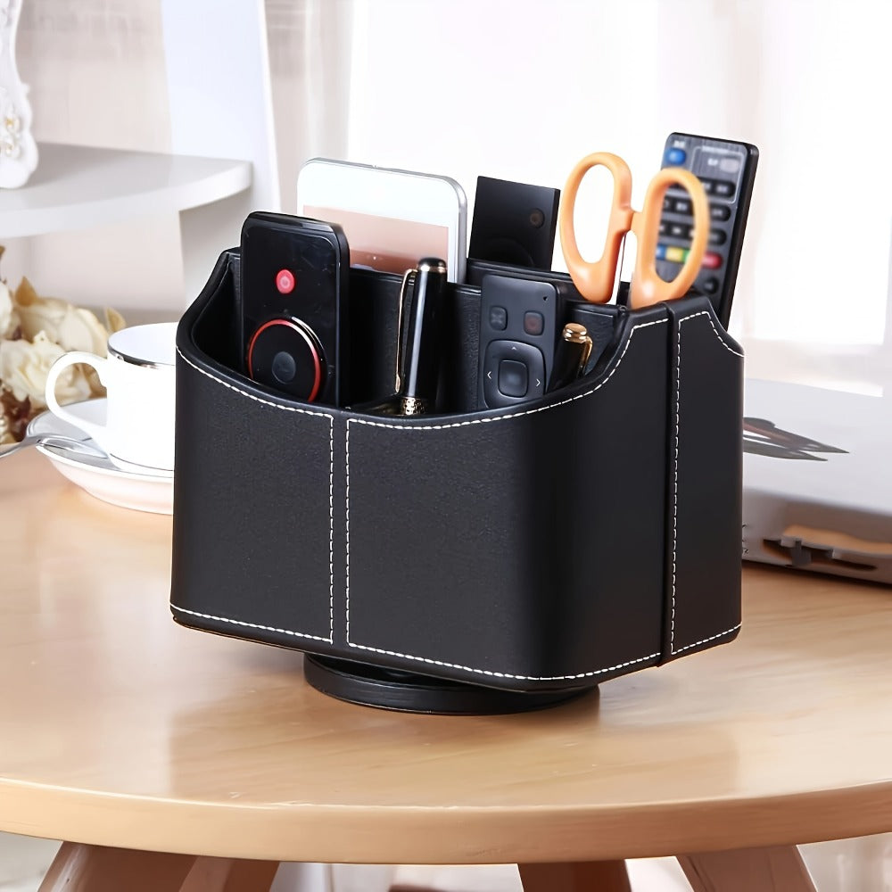 360¡ã Swivel Remote Control Holder with 5 Compartments ¨C PU Leather Desktop Organizer Caddy for TV Remotes, Phones, Glasses, Cosmetics & Stationery, Rotating Storage Box for Home Office Nightstand