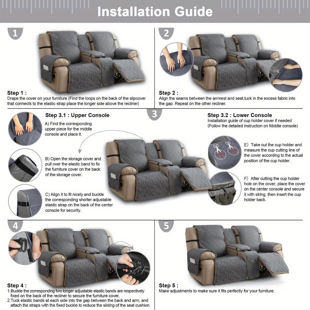 Recliner Loveseat Cover 4 Piece Set Waterproof Split Dual Recliner Sofa Slipcover with Center Console Cover & Straps - Pet Friendly Furniture Protector, Knit Polyester, 8 Colors, Black Grey Beige Navy