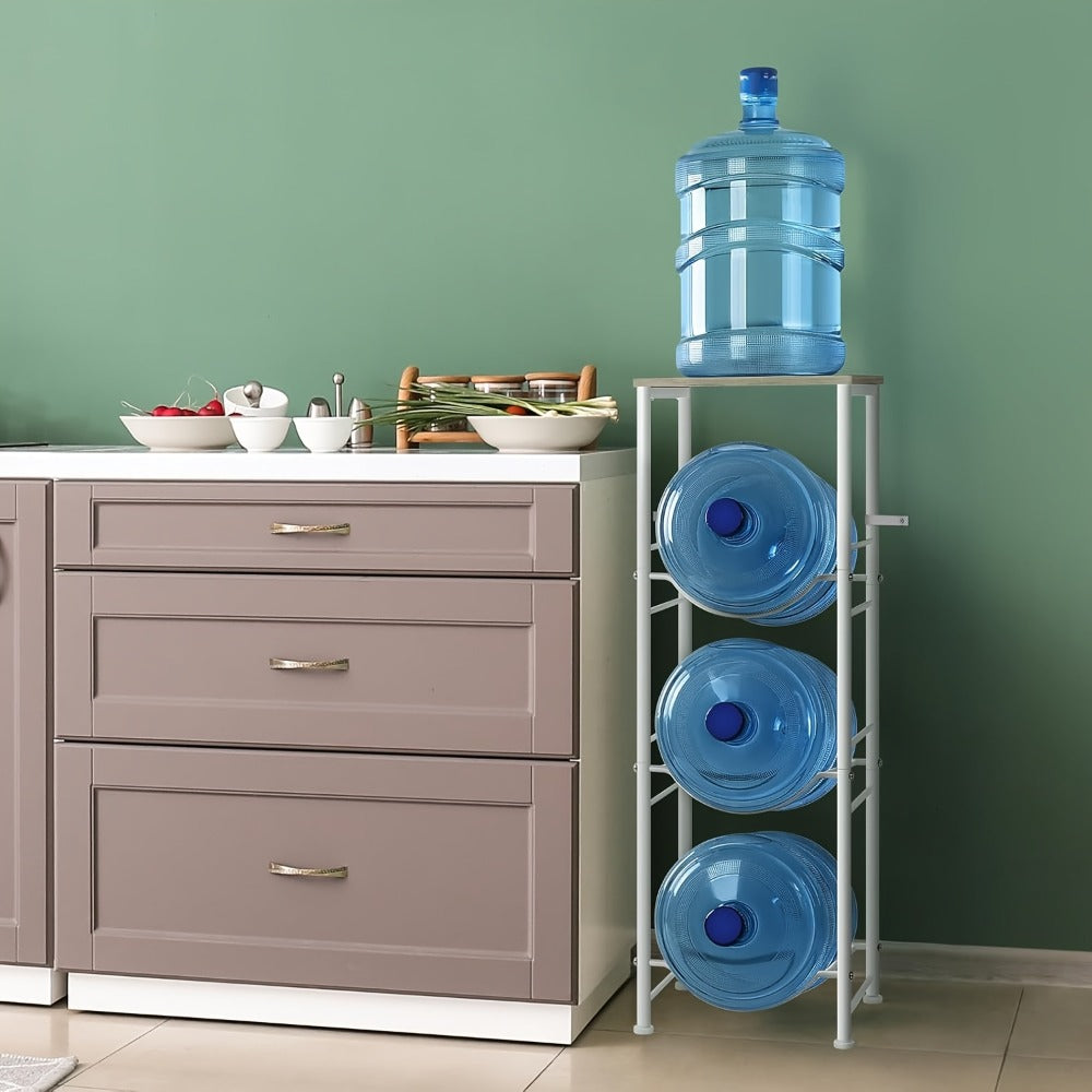 5-Gallon Water Jug Holder 3-Tier ¨C Heavy Duty Water Bottle Rack Organizer with Top Shelf & Adjustable Legs for Kitchen, Living Room & Office ¨C Particleboard & Steel Frame, White, Brown & Black