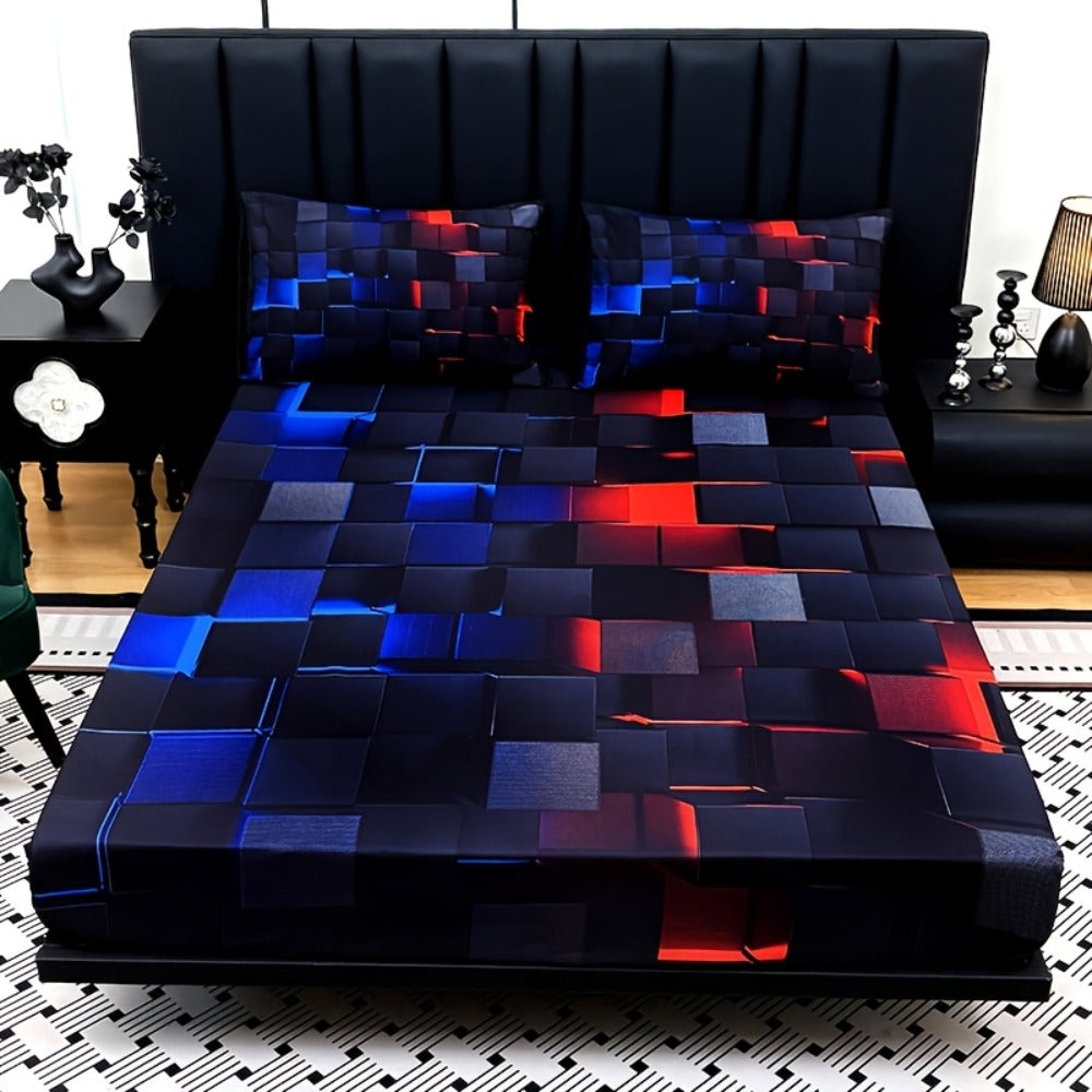 Fitted Sheet Set 3 Piece Digital Print Plaid - Deep Pocket 15 Inch Bed Sheet with 2 Pillowcases, 85% Polyester Soft Breathable Bedding Set for Twin Full Queen King, All Season Mattress Cover