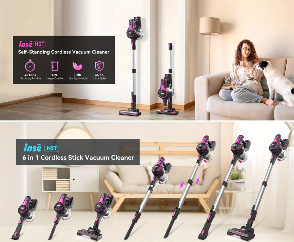 Cordless Vacuum Cleaner 2-in-1 Corded 70KPA Powerful Suction | 6-in-1 Handheld Vacuum with Detachable Battery 45-Min Runtime LED Brush Head 50.5oz Dust Cup | For Hardwood Floor Carpet Pet Hair Home Car