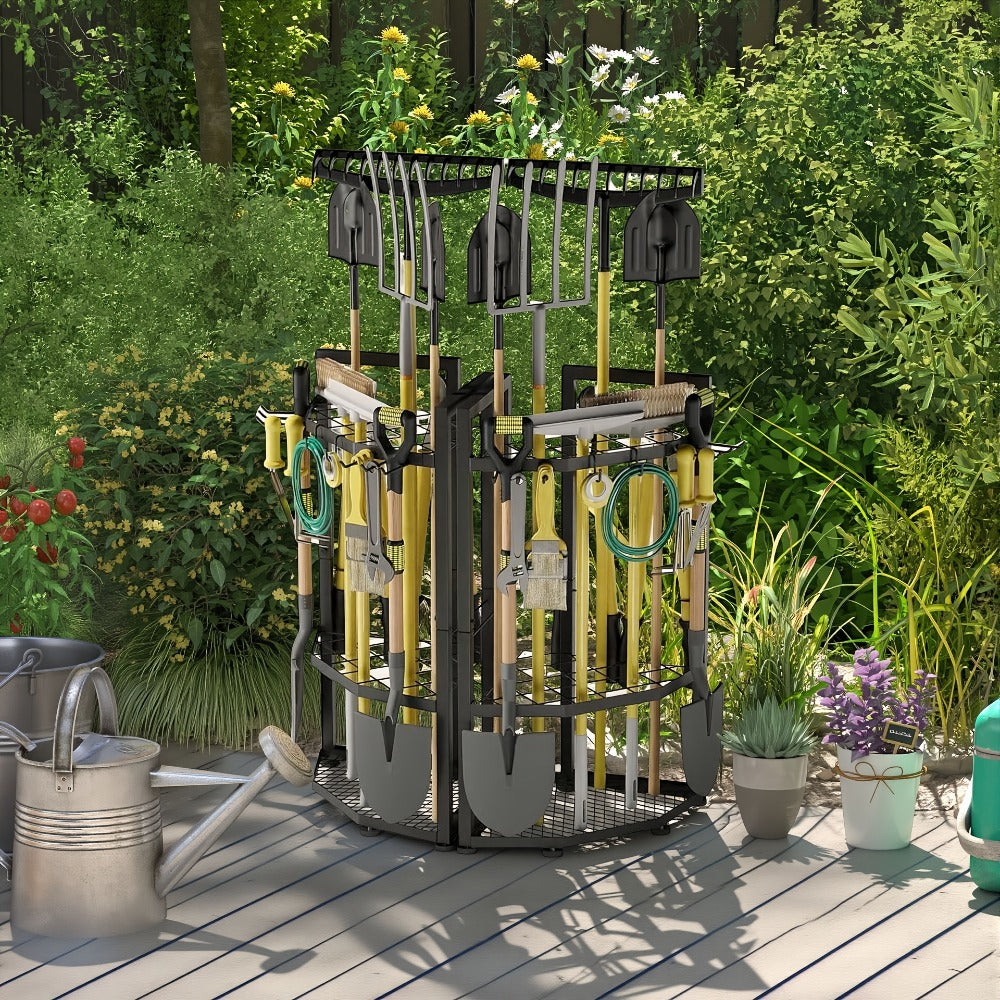 Wall Mount Tool Organizer Rack - Heavy Duty Metal Garden Tool Storage with Hooks for Shovels, Rakes & Long-Handled Tools | Garage, Shed & Backyard Corner Utility Storage