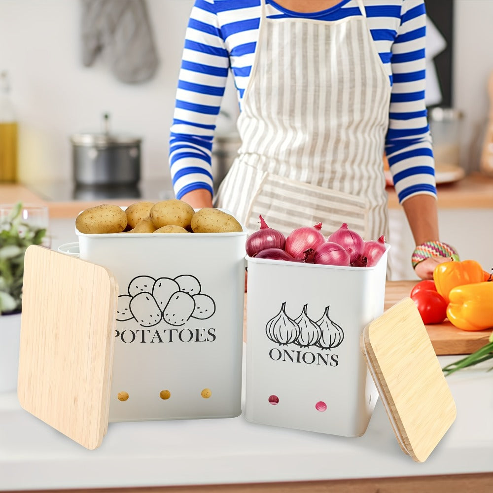 Kitchen Storage Canister Potato Onion Storage Bin Aerating Ventilation Holes Wooden Lid Multipurpose Kitchen Organizer for Onion Potato Fruit Vegetable Black White Grey Green