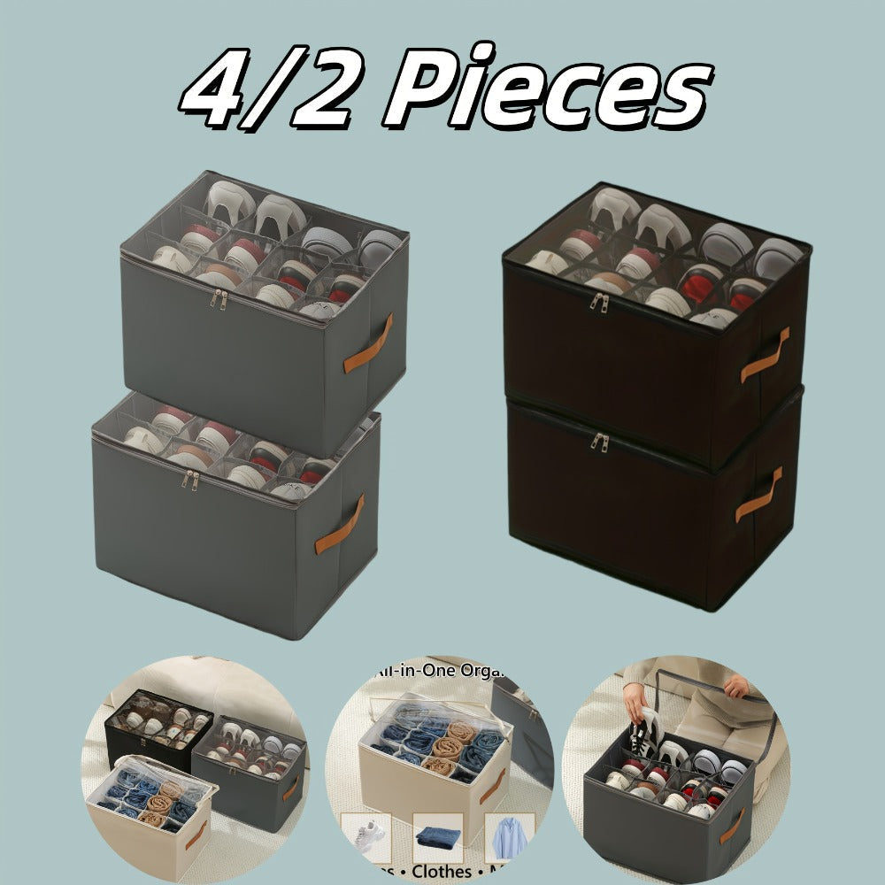 Oxford Fabric Shoe Storage Organizer with Adjustable Dividers, Transparent Lid & Handles ¨C Holds 12 Pairs, Foldable, Zippered Dustproof, 2 or 4 Pack
