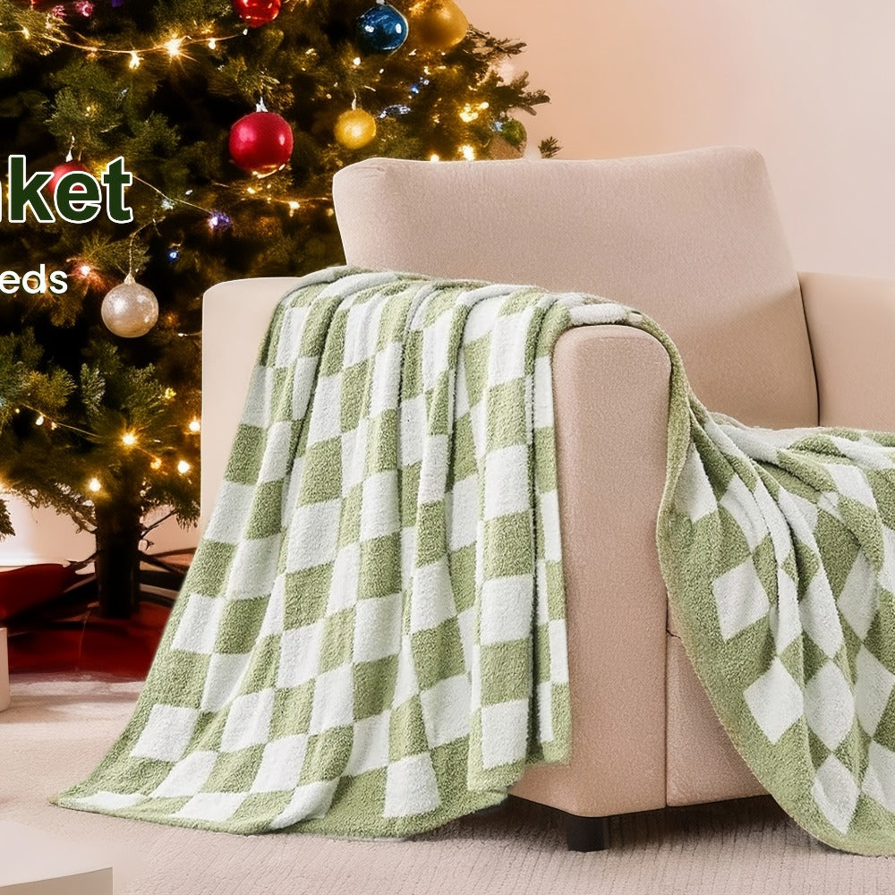 Jacquard Knit Checkered Blanket ¨C Soft Cozy Fluffy Plaid Throw for Couch, Bed & Sofa, All Seasons, 4 Colors, Throw to King Size