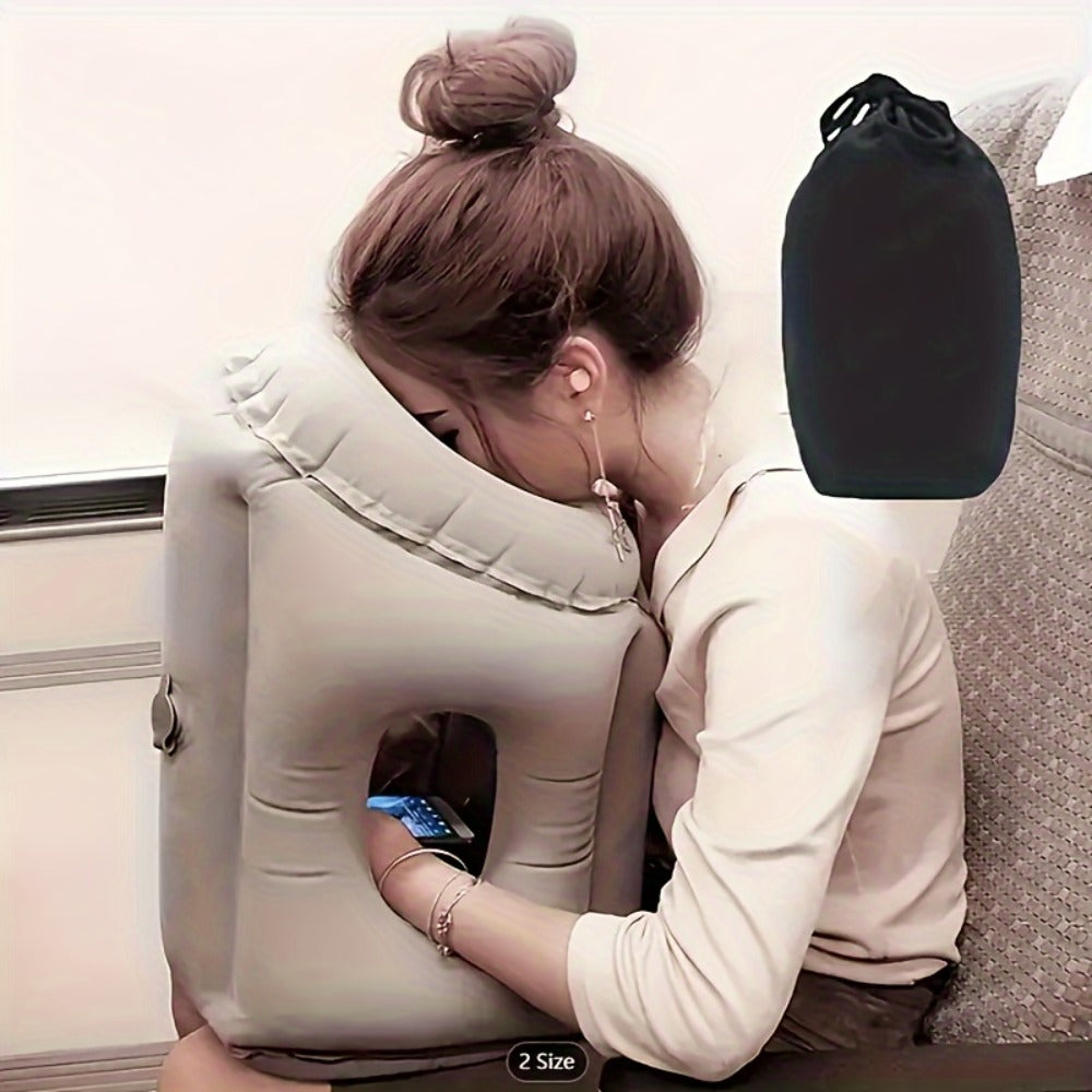 Inflatable Travel Pillow with Carrying Case ¨C Ergonomic Neck & Head Support for Airplane, Car, Train, Office Nap & Camping, Compact Lightweight Flocking Fabric Pillow