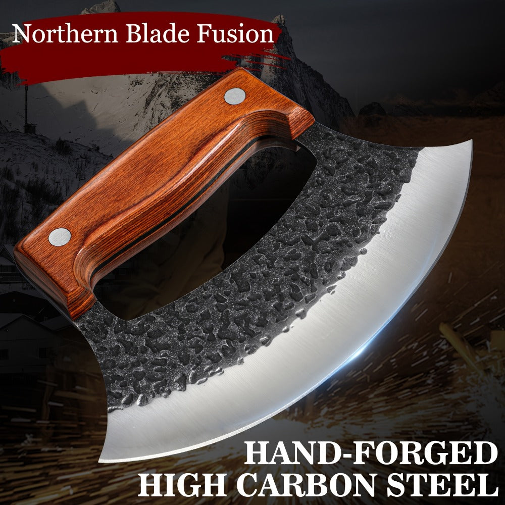 Hand-Forged Ulu Knife Rocker Blade High Carbon Steel Full Tang Rosewood Handle with Leather Sheath & Gift Box, Mezzaluna Chopping Knife for Kitchen Camping BBQ, Chef Gift for Men