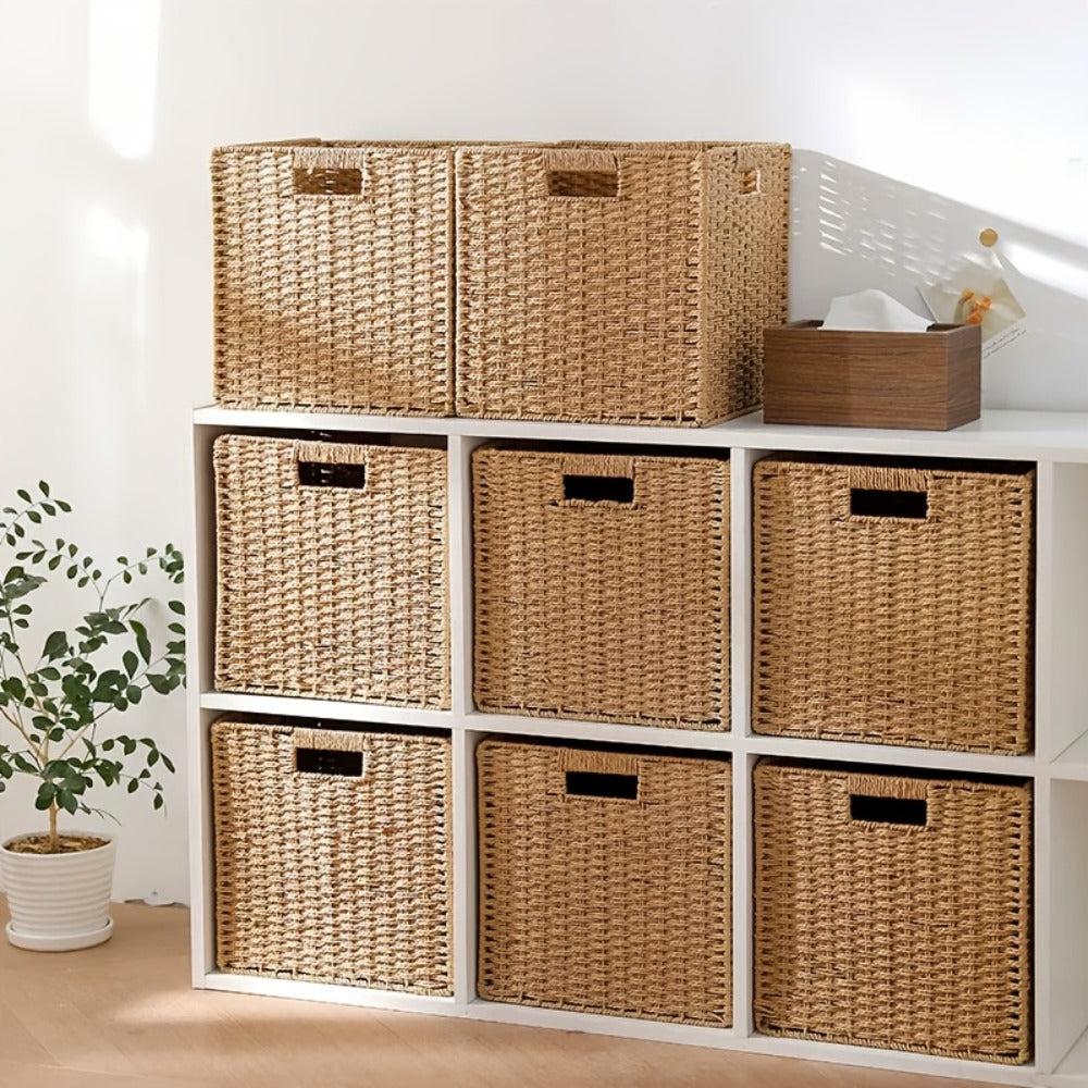 Rattan Storage Basket Foldable Square Wicker Laundry Hamper with Frame Natural Handwoven Organizer Bin for Bedroom Living Room Bathroom Clothes Toys