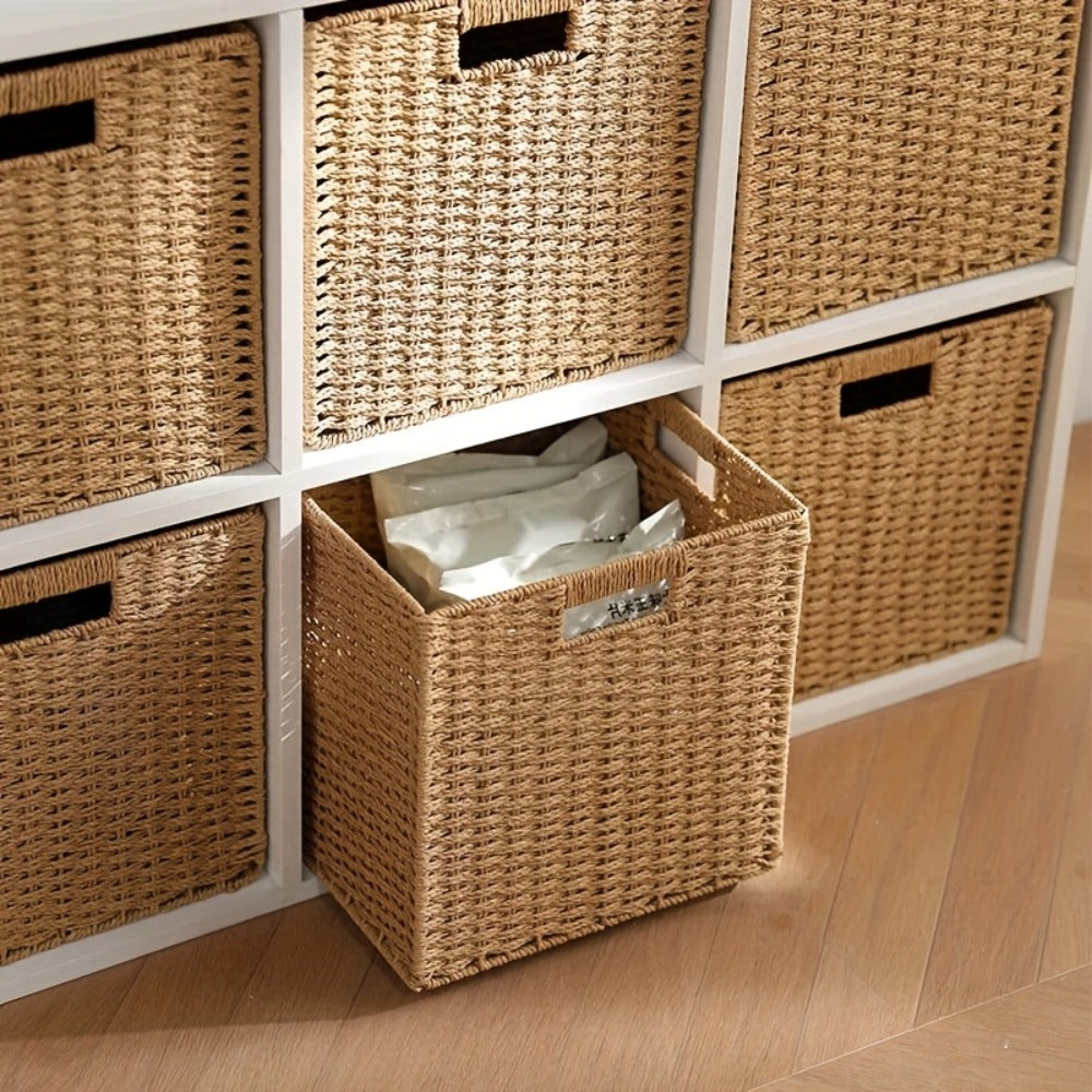 Rattan Storage Basket Foldable Square Wicker Laundry Hamper with Frame Natural Handwoven Organizer Bin for Bedroom Living Room Bathroom Clothes Toys