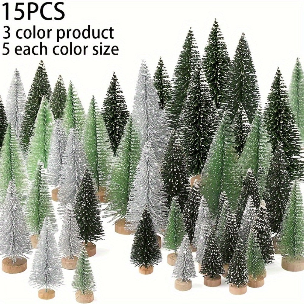 Mini Artificial Christmas Trees Set of 15, Bottle Brush Tabletop Trees with Wooden Base & Snowflake Sprinkles ¡ª Bendable Non-Lit Holiday Centerpieces for Christmas, Halloween & Thanksgiving Decor
