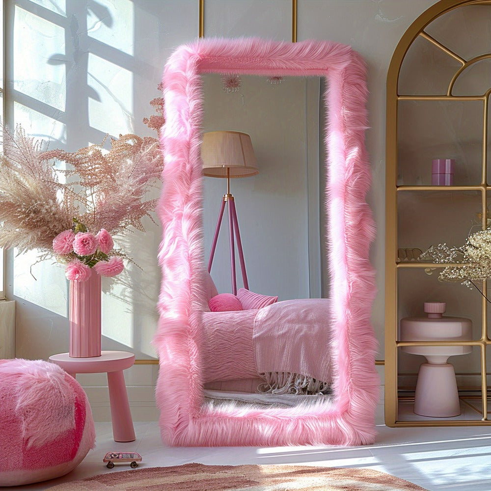 Full Length Mirror with Faux Fur Frame 24x63 Inch Leaning Floor Mirror for Bedroom Living Room Hallway Vanity Dressing Mirror Pink Gray White