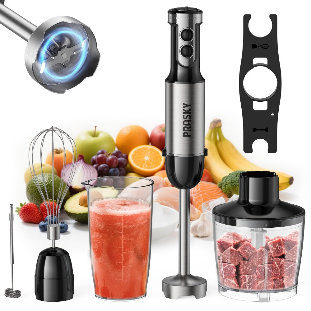 Immersion Blender 5-in-1 Handheld Mixer | Heavy Duty Motor | Whisk Meat Chopper Measuring Cup Attachments | Stick Blender for Soups Smoothies Sauces | Kitchen Hand Blender Red Black
