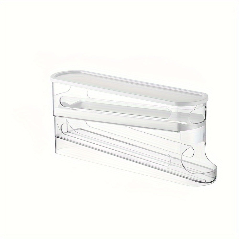 Double Layer Rolling Egg Dispenser Automatic Space Saving Refrigerator Egg Organizer for Cabinet Kitchen Storage Keeps Eggs Fresh White