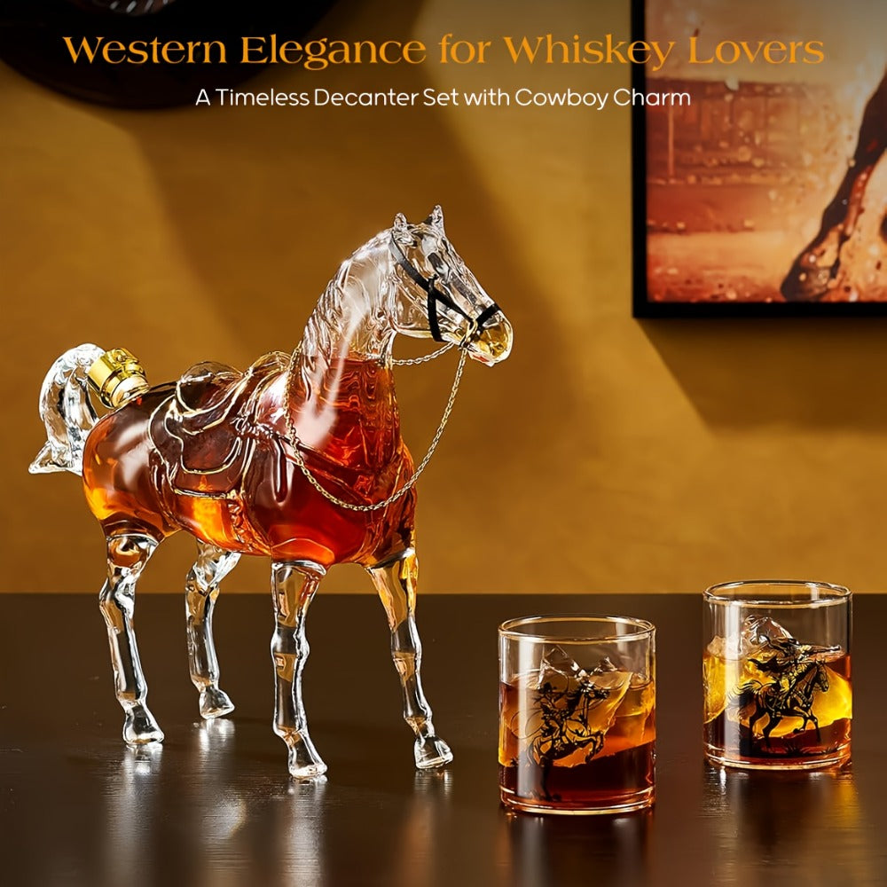 Horse Whiskey Decanter Set with 2 Cowboy Glasses ¨C Western Bar Gift for Men, Bourbon Vodka Liquor Dispenser, Cowboy Style Home Bar Decanter