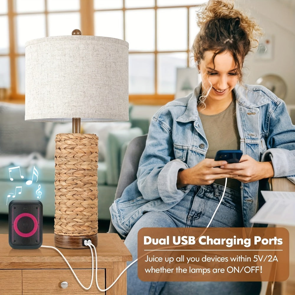 Rattan Table Lamp Set of 2 with USB Ports - 27 Inch Tall Woven Seagrass Bedside Nightstand Lamps for Living Room Bedroom End Table, Coastal Farmhouse Rustic Decor, E26 Socket Rotary Switch