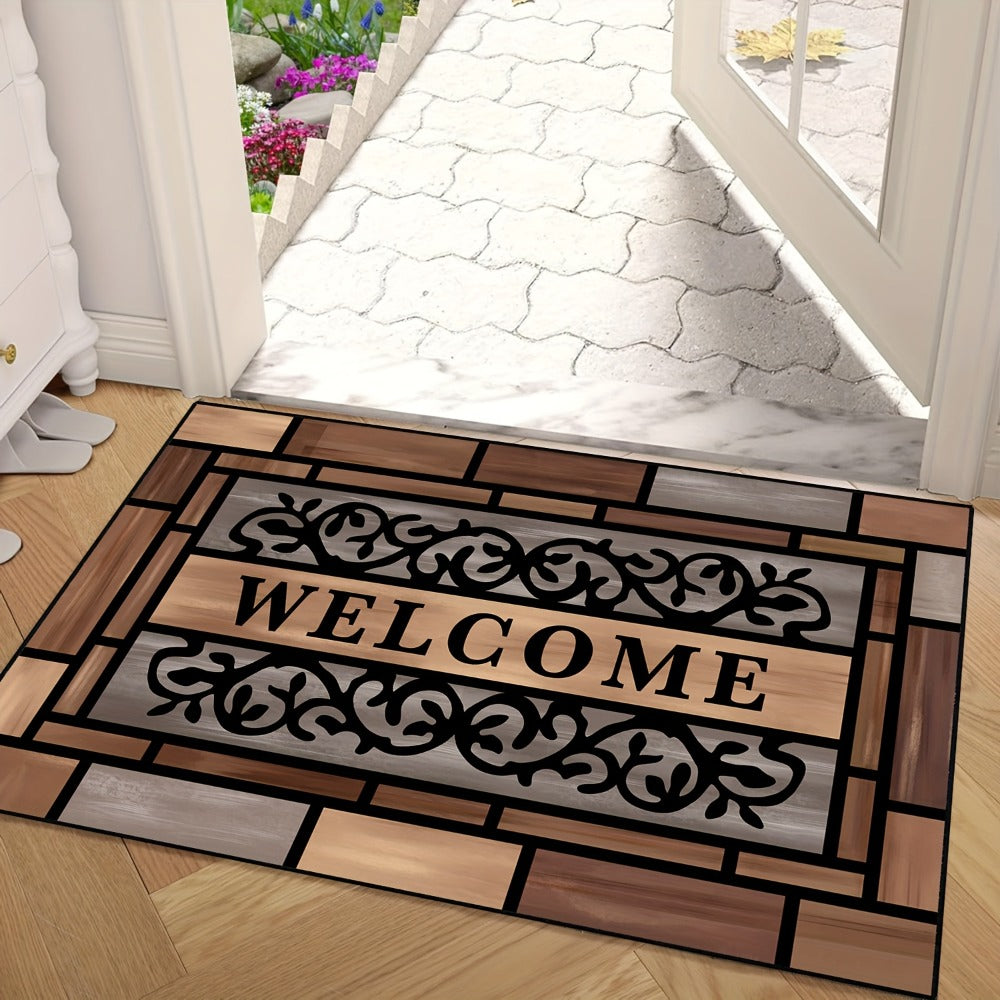 Welcome Doormat Wood Pattern - Non-Slip Entrance Mat with Polypropylene Backing | Indoor Outdoor Floor Mat for Front Door, Entryway & Home Decor | Durable Anti-Slip Door Rug in 2 Sizes