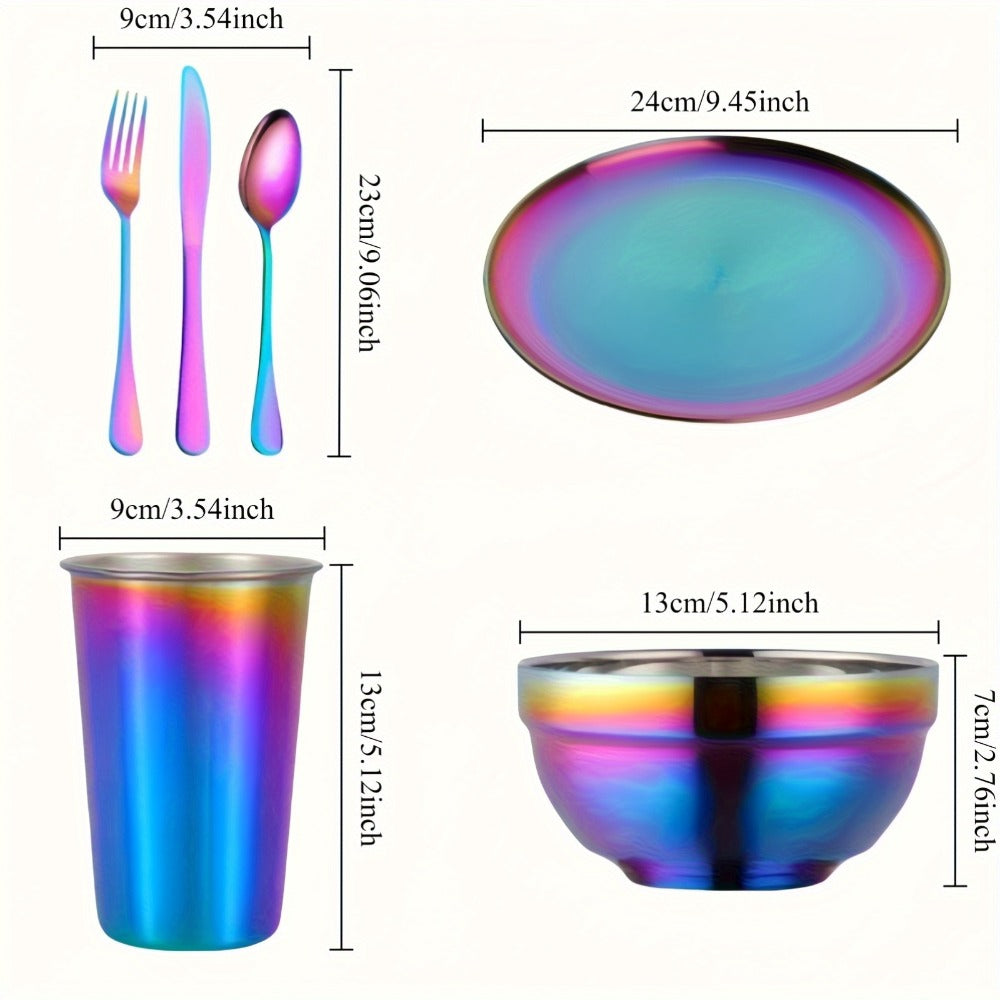 Camping Tableware Set Stainless Steel Rainbow Plates Bowls Cups with Forks Spoons Knives Lightweight Outdoor Dinnerware Kit for Family Picnic Backpacking Hiking
