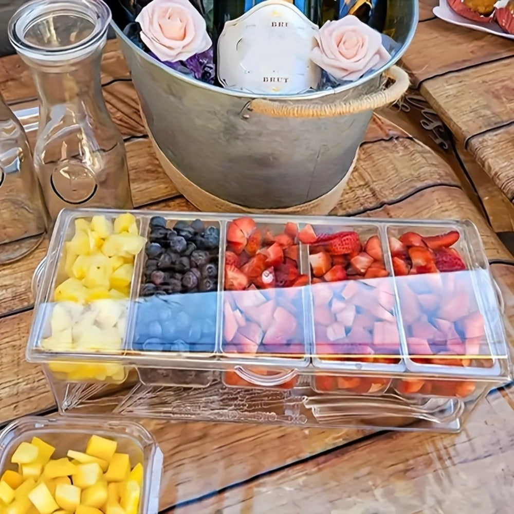 Condiment Caddy with Lid 5 Compartments Clear Serving Tray Bar Fruit Caddy Ice Tray Party Toppings Container Garnish Station