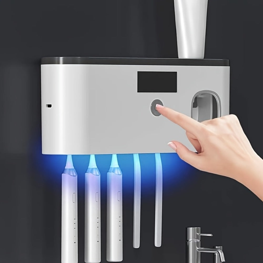 Toothbrush Holder Wall Mounted No Drill - 4-Slot Bathroom Toothbrush & Toothpaste Storage Rack, Modern Bathroom Organizer, Self-Adhesive Wall Mount, White Grey Bathroom Decor Accessories