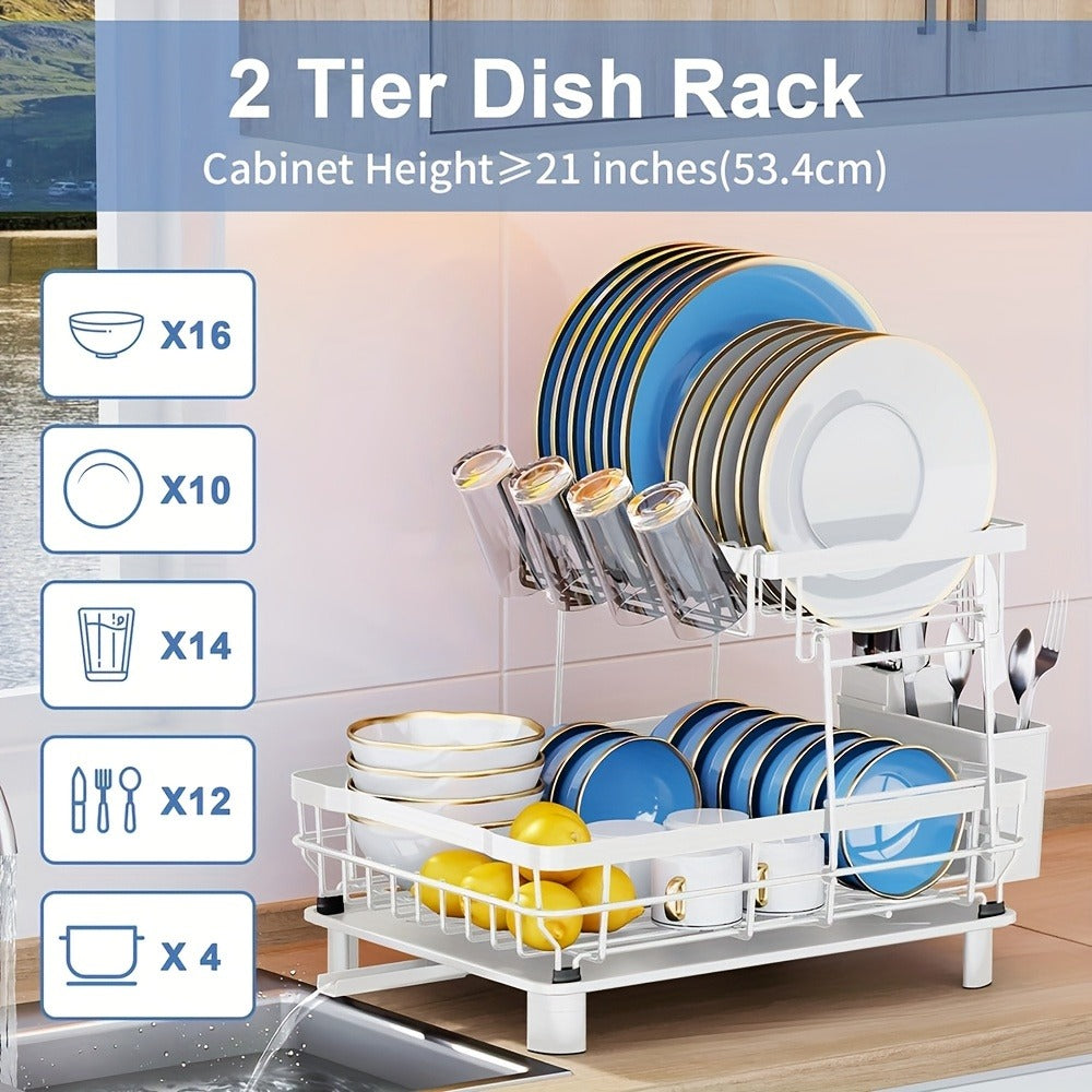 Dish Drying Rack 2-Tier Large Capacity Stainless Steel Detachable Dish Drainer for Kitchen Counter with Utensil Holder and Drain Board in Black White Gray