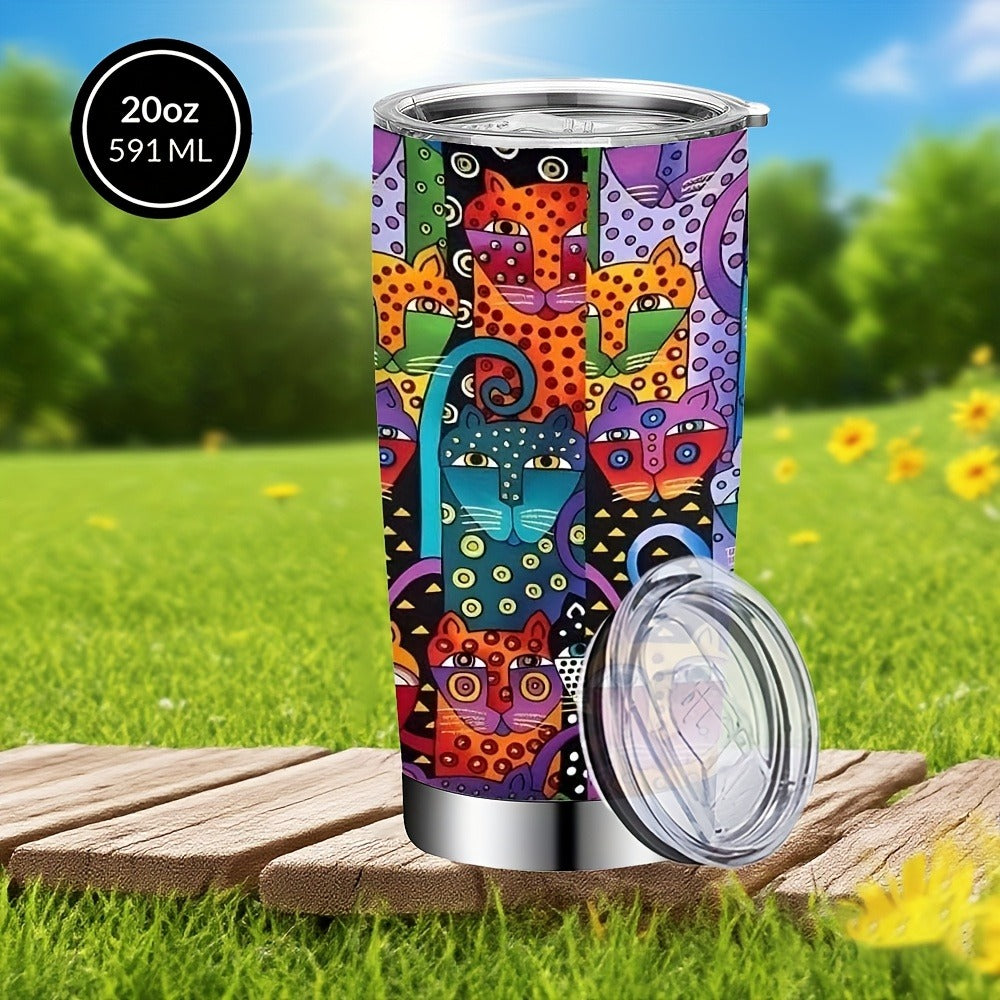 Cat Tumbler 20oz Abstract Cat Graphic Stainless Steel Insulated Cup with Lid & Straw Travel Coffee Mug Hot Cold Drinks Gift for Cat Lovers Birthday Mother's Day