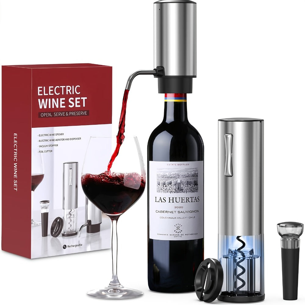 Electric Wine Opener Gift Set 7-in-1 Rechargeable Automatic Corkscrew Stainless Steel with Aerator Pourer Vacuum Stoppers Foil Cutter Storage Base