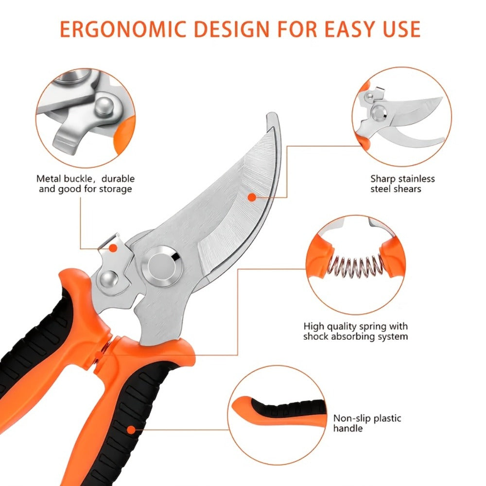 Gardening Pruning Tool Set 8 Piece Stainless Steel | Pruning Shears Scissors Pliers Ergonomic Handle with Wiping Cloth | Lawn Tree Garden Care Kit Orange Yellow Green
