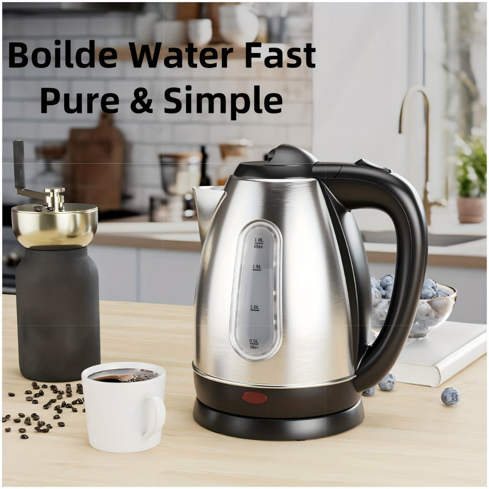 Electric Kettle Stainless Steel 1200W Fast Boil with Water Window - 60.87oz BPA-Free Auto Shut-Off Electric Tea Kettle for Tea Coffee Hot Water, Quiet Boil Cordless Kitchen Kettle Gift