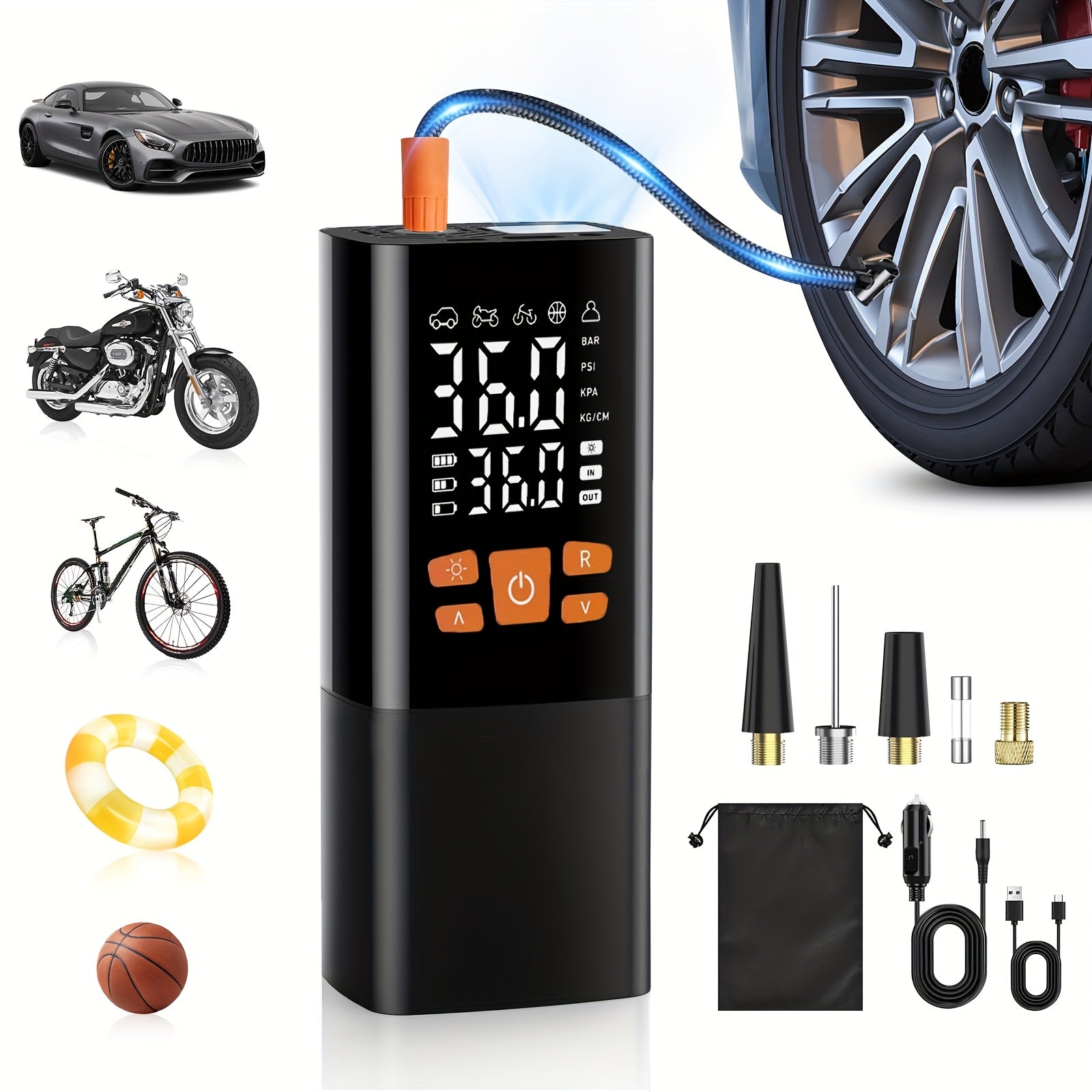 Portable Tire Inflator Air Compressor - 160 PSI 20000mAh Cordless Tire Pump 4X Faster with LED Light for Car, Bicycle, Motorcycle & Ball