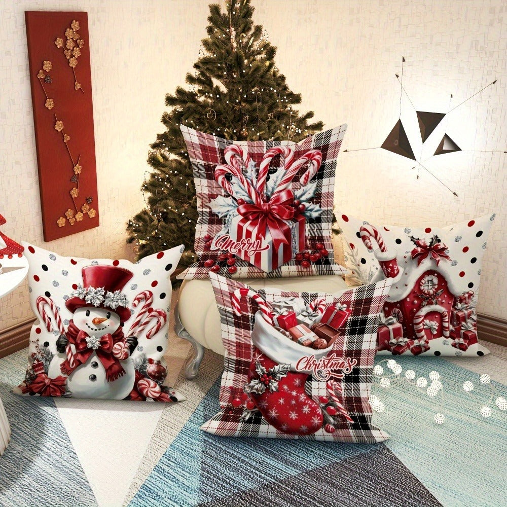 Christmas Throw Pillow Covers 4pcs Set - Snowman Candy Cane Buffalo Plaid Polyester 18x18in Decorative Cushion Covers with Zipper for Holiday Winter Living Room Bedroom Sofa Bed Decor