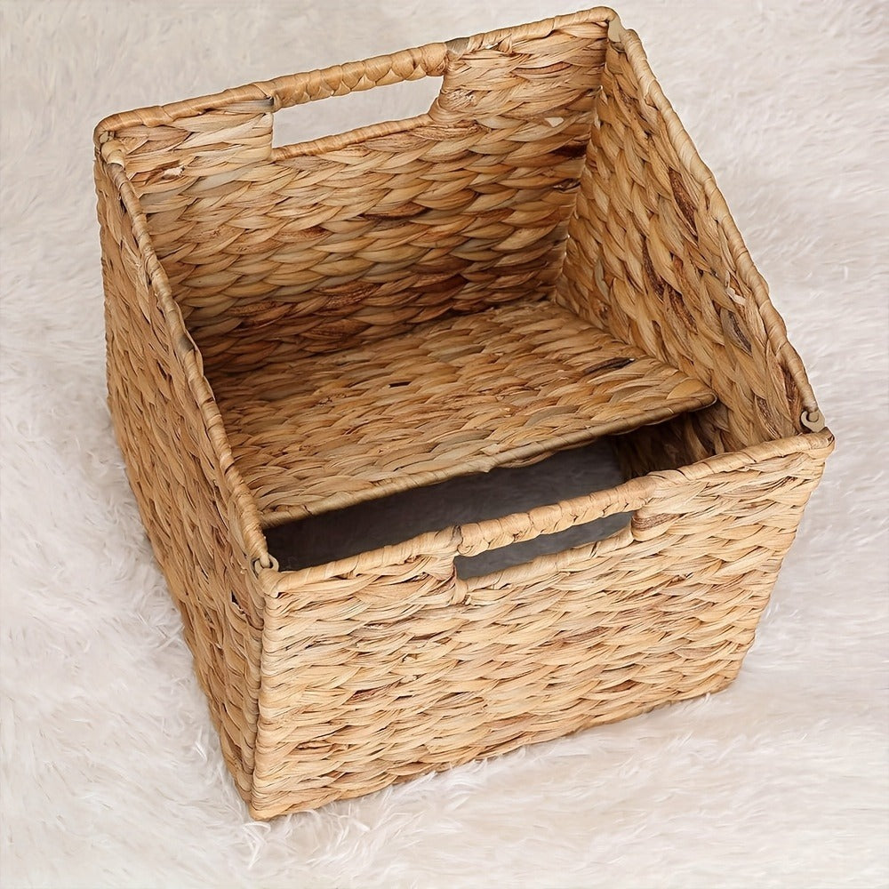 Water Hyacinth Storage Baskets 11in - Handwoven Stackable Cube Baskets for Shelves Closet Laundry, Natural Wicker Organizer Bins