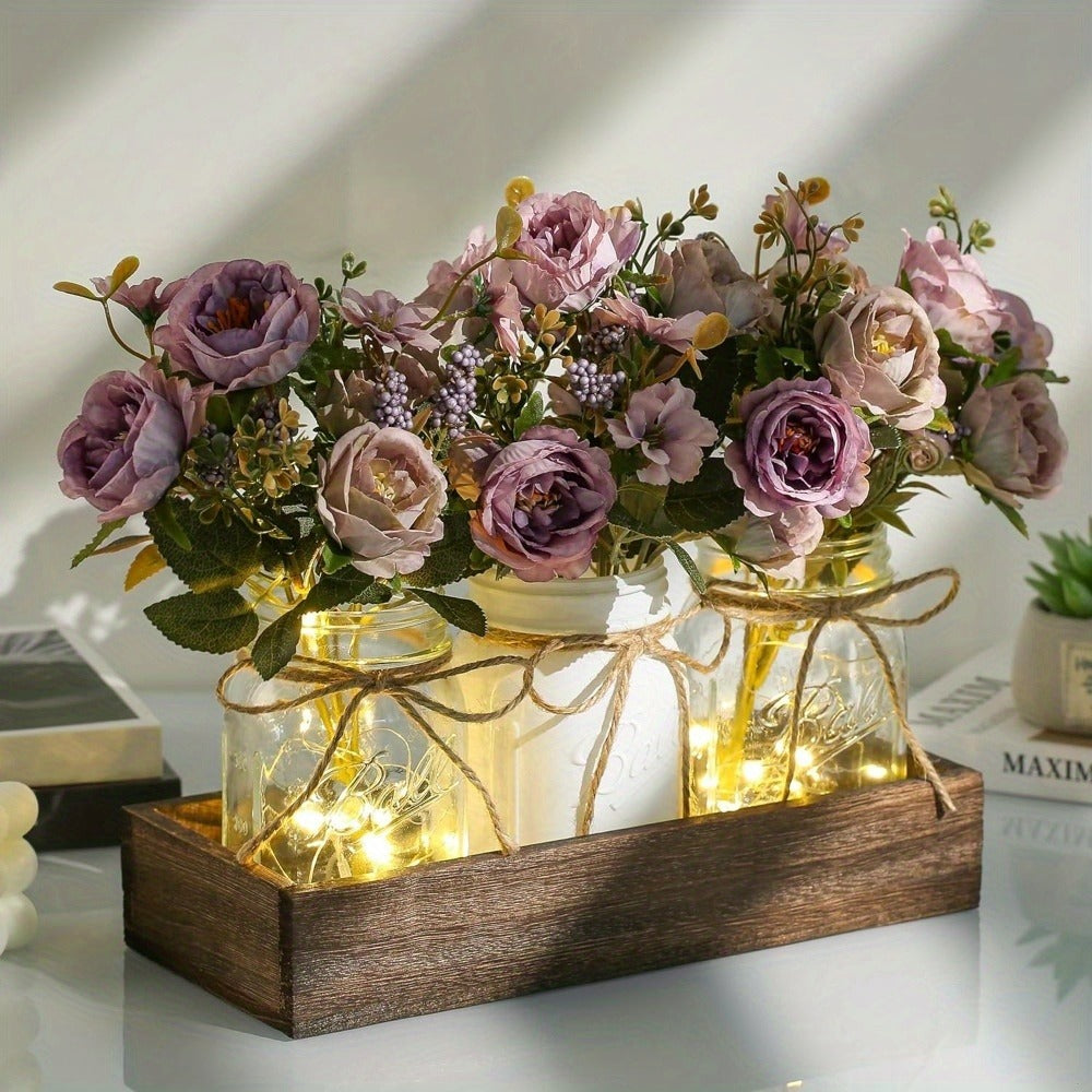 Mason Jar Centerpiece Table Decorations with Wood Tray & LED Lights ¨C 3-Piece Farmhouse Decor Set for Dining Room, Kitchen, Living Room & Bathroom | Holiday Home Decor Gift