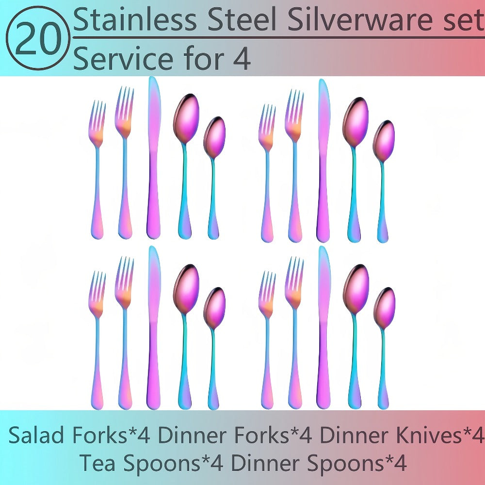 Flatware Set for 12, 60-Piece 304 Stainless Steel Cutlery Set with Mirror Polish & Titanium Plated Finish ¡ª Dishwasher Safe Silverware with Knife, Fork & Spoon | Silver, Gold & Rainbow