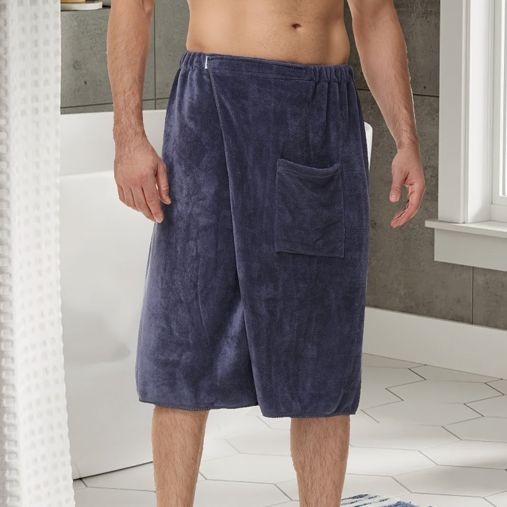Wearable Bath Towel for Men - Soft Absorbent Suede Microfiber Bathrobe Wrap 320GSM Solid Color Quick Dry Shower Towel | Blue Brown | Spa Gym Bathroom Robe Towel Modern Style Men Gift