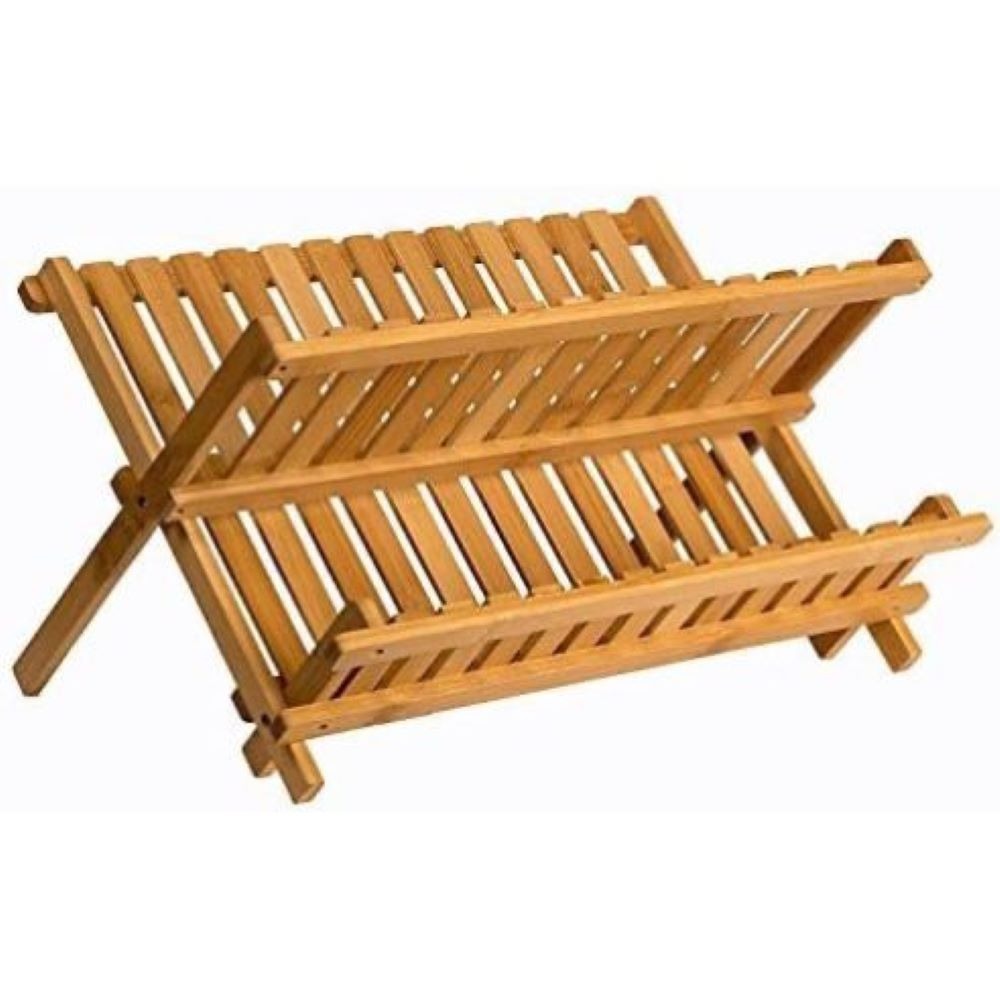 Bamboo Dish Drying Rack 2 Tier ¨C Collapsible Wooden Dish Drainer with 14 Plate Slots, Compact Kitchen Counter Organizer for Dishes, Cups, Knives & Cutting Boards