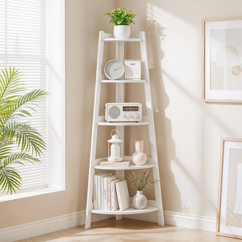 Corner Shelf 5-Tier Scandinavian Storage Cabinet ¨C Space-Saving Vertical Organizer with Baskets, Shelves & Drawer, Modern Plastic Corner Rack for Home, Study, Balcony & Bathroom (White)