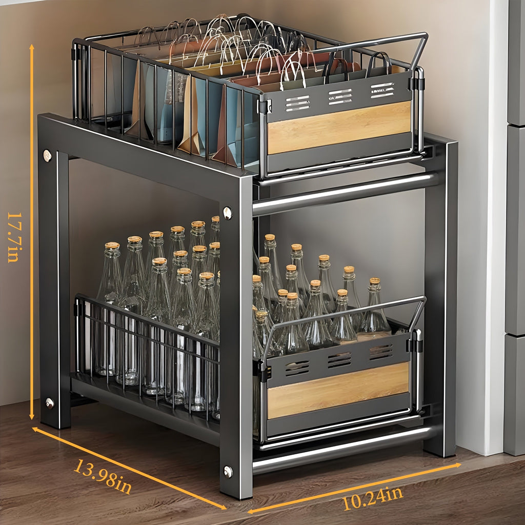 Under Sink Organizer Pull-Out Storage Rack - 2-Tier Carbon Steel Cabinet Shelf with Wire Baskets & Wood Accents, Space-Saving Kitchen Organizer for Dishes, Cleaning Supplies, Pantry, Bathroom