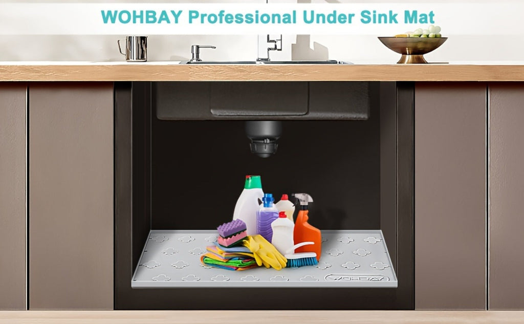 Under Sink Mat Waterproof Silicone 34¡± x 22¡± Undersink Drip Tray Liner for Kitchen Bathroom Cabinet, Holds 2 Gallons, Non-Toxic Durable Cabinet Protector with Raised Edges Four-Leaf Clover Pattern