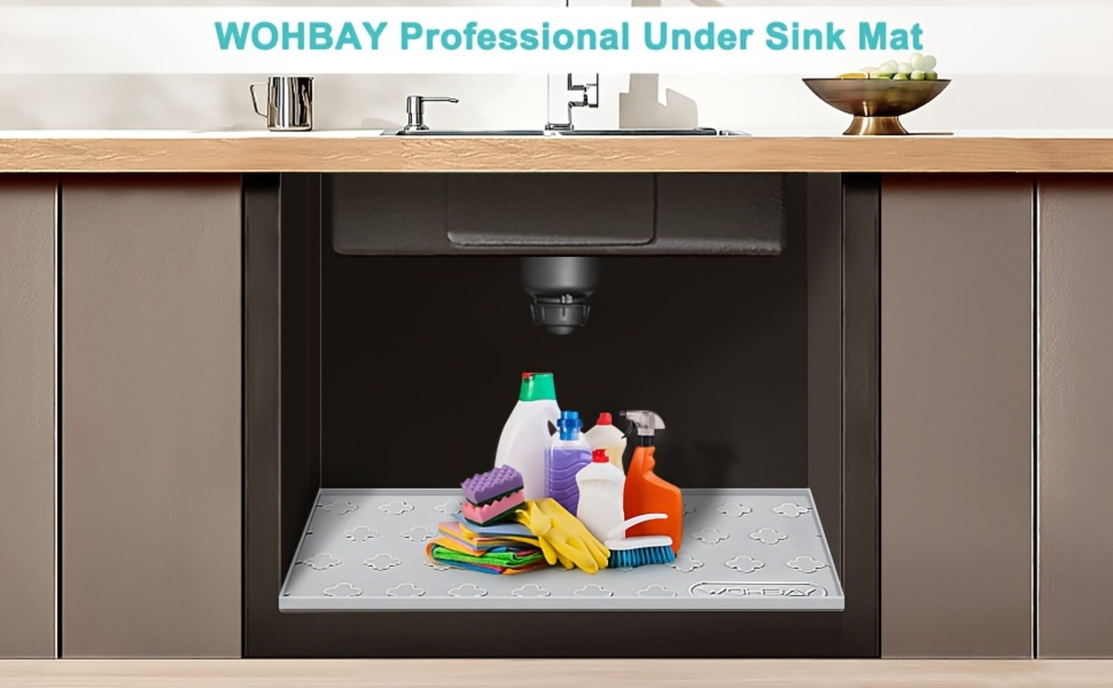 Under Sink Mat Waterproof Silicone 34¡± x 22¡± Undersink Drip Tray Liner for Kitchen Bathroom Cabinet, Holds 2 Gallons, Non-Toxic Durable Cabinet Protector with Raised Edges Four-Leaf Clover Pattern