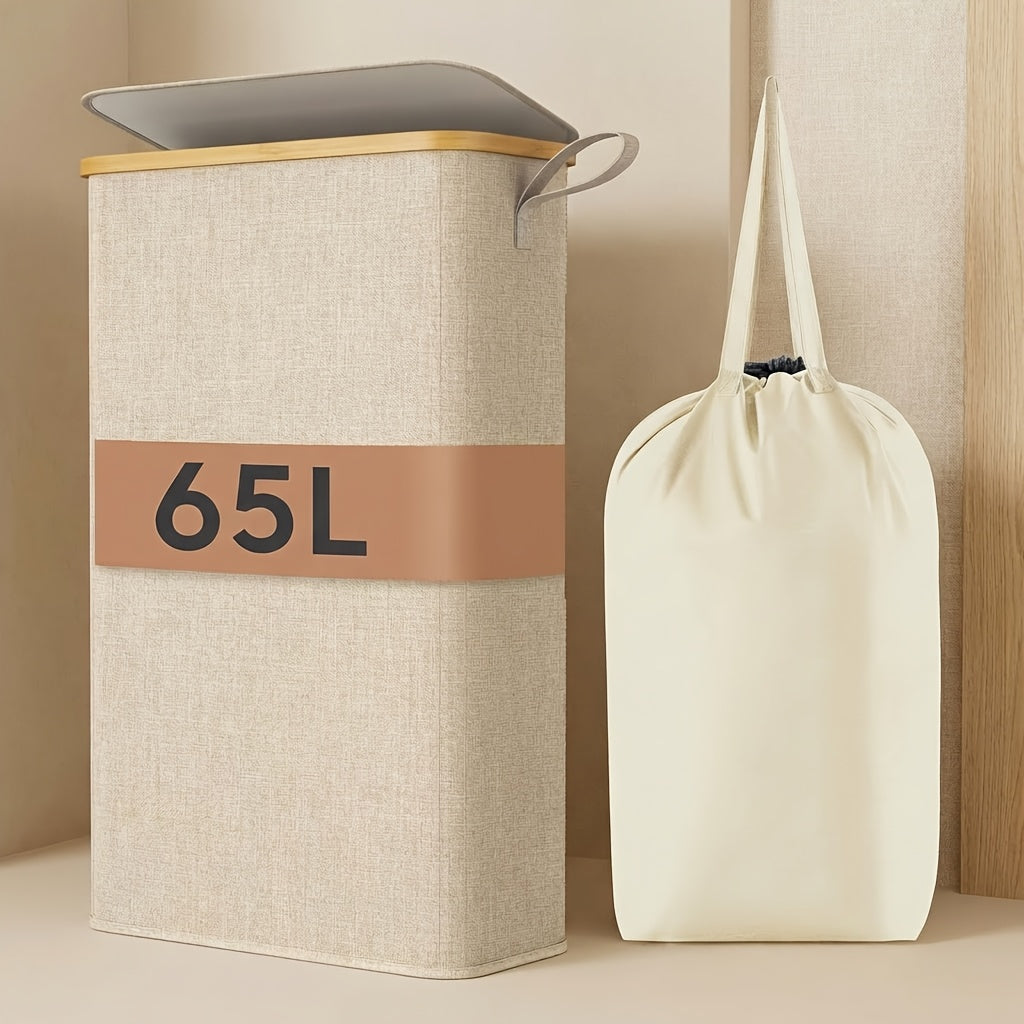 Slim Laundry Hamper with Lid & Removable Bag ¨C Foldable Narrow Clothes Basket with Bamboo Handles for Bathroom, Bedroom & Dorm ¨C 50L / 65L / 75L Space-Saving Collapsible Laundry Bin