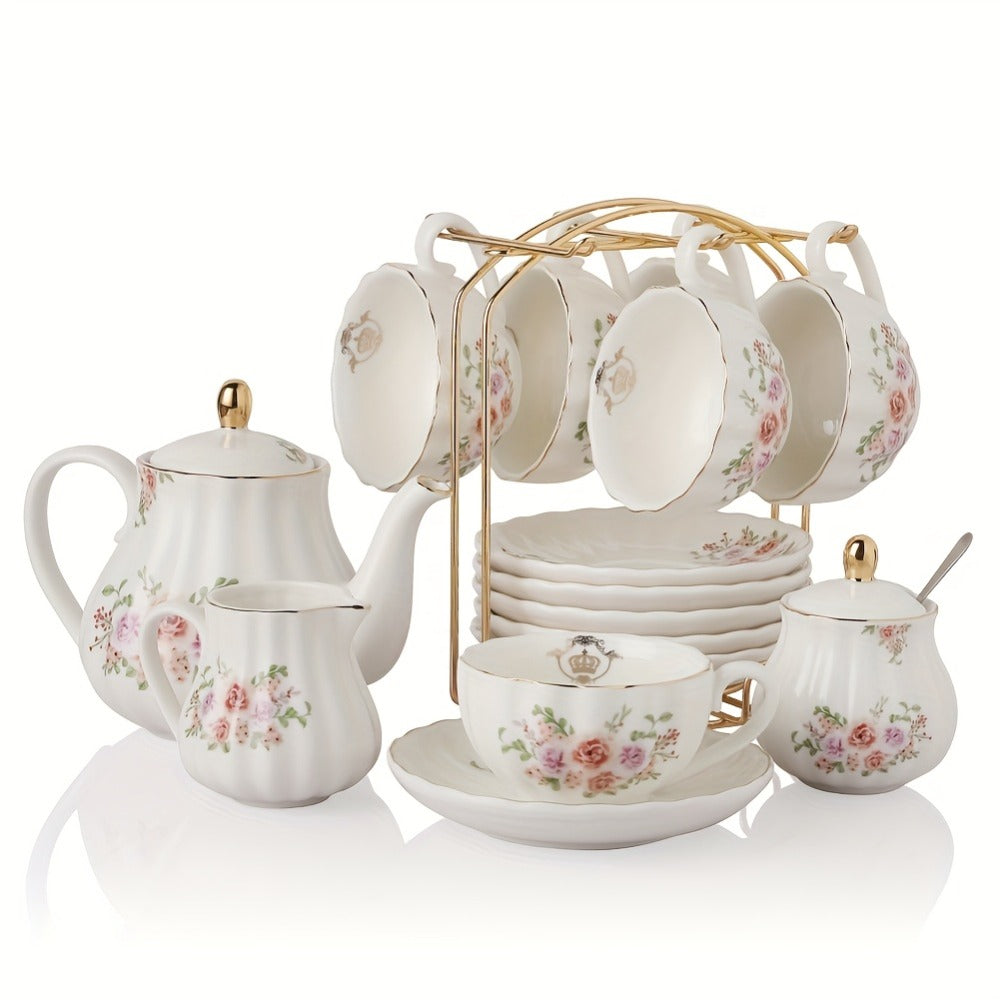 Porcelain Tea Set for 6 - 22 Piece British Royal Floral Service with Teapot, Cups & Saucers, Sugar Bowl, Cream Pitcher & Tea Strainer
