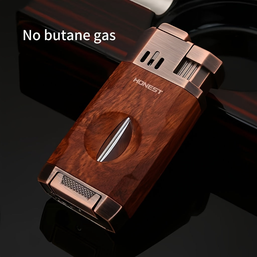 Cigar Torch Lighter with V-Shaped Cigar Cutter Built-in Clip Dual Windproof Jet Flame Visible Gas Window Integrated Cigar Lighter for Men Butane Gas Not Included