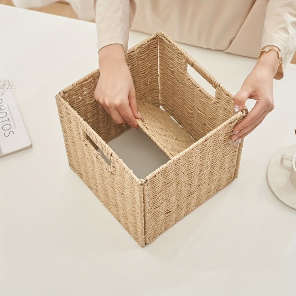 Rattan Storage Basket Foldable Square Wicker Laundry Hamper with Frame Natural Handwoven Organizer Bin for Bedroom Living Room Bathroom Clothes Toys