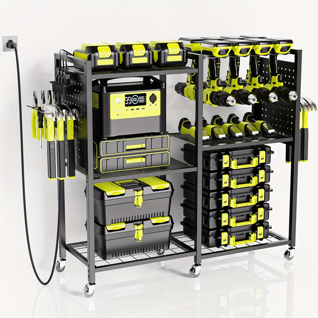 Mobile Tool Cart with Charging Station ¨C 12 Drill Holders & 5 Storage Shelves Power Tool Organizer | Rolling Utility Rack Toolbox with Battery Charging Power Strip for Garage & Workshop | 4 Colors